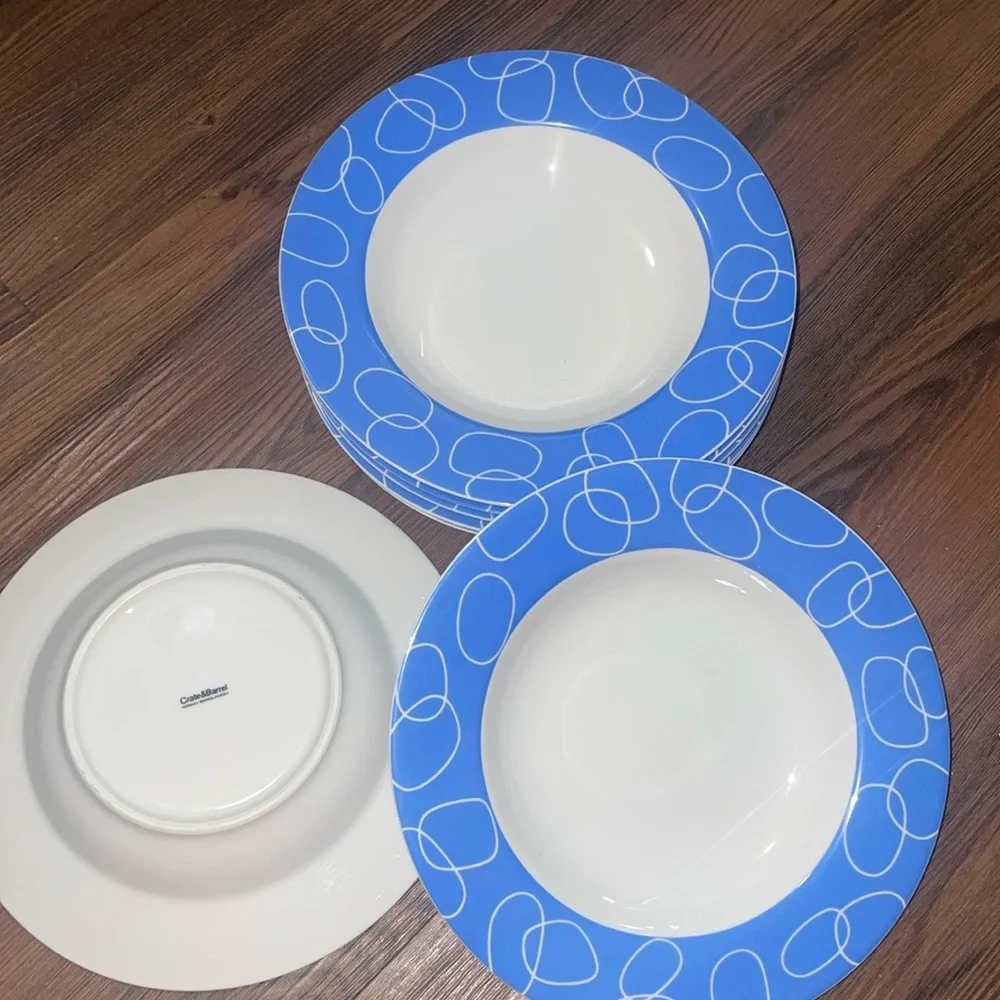 CRATE & BARREL MONNO CIRCLES WHITE/BLUE Rimmed Soup Bowls B78,7pc!!GREAT